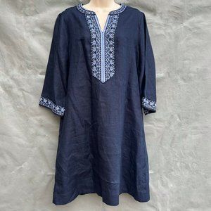 CHICO'S Navy Blue Linen Dress Resort Cabana Beach Ocean Size 8 Embroidered